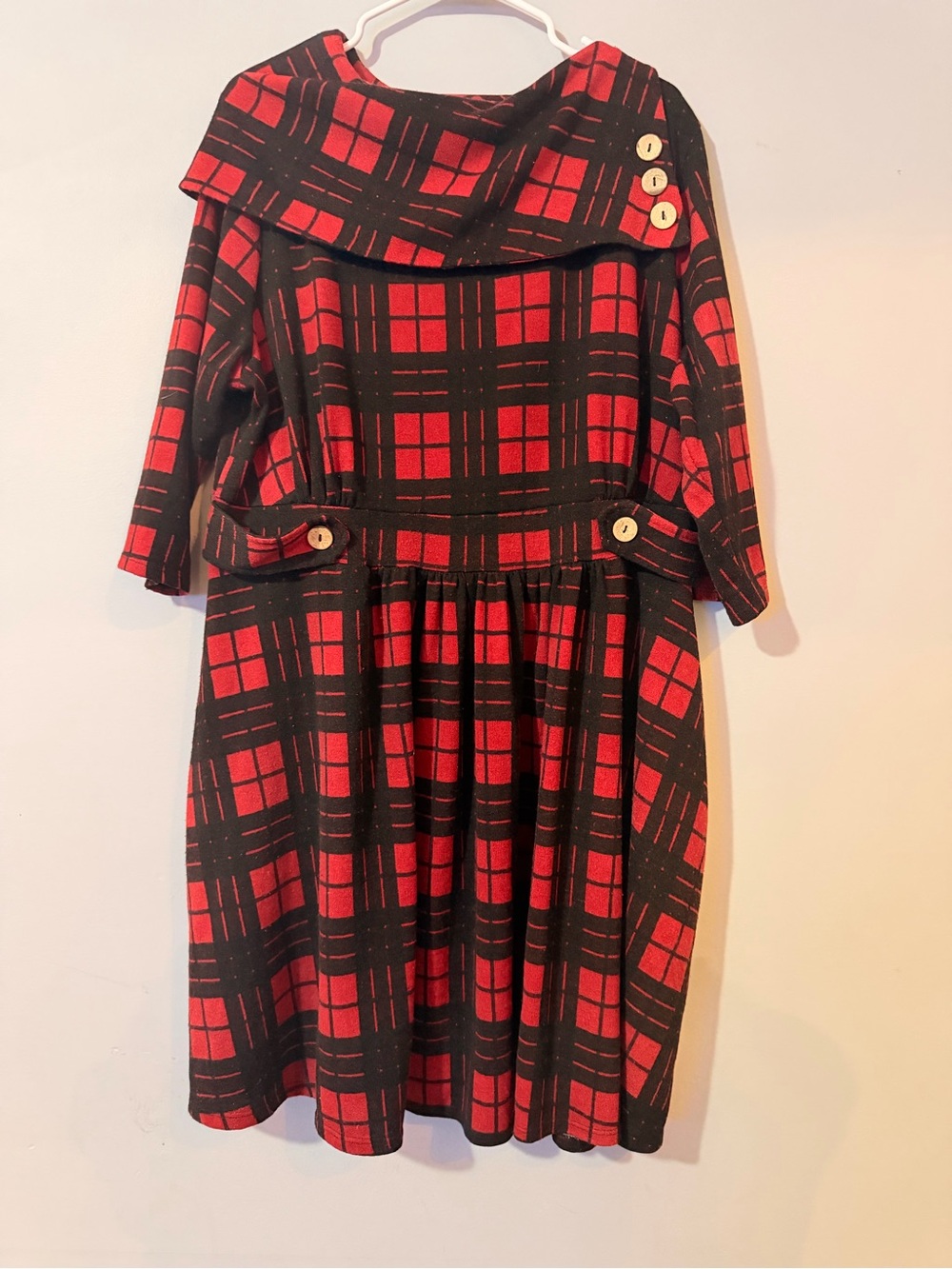 Womenโs Red and Black Plaid Dress with Button Details